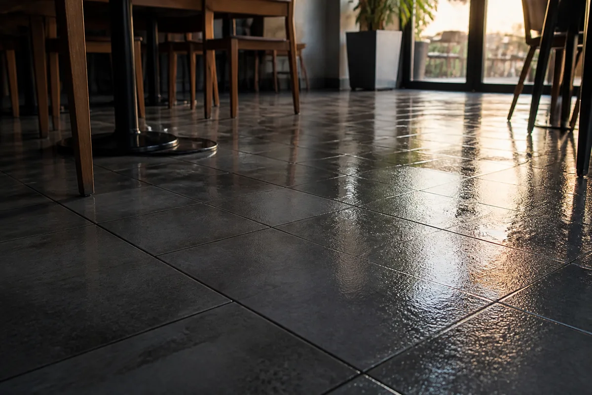 Sol carrelé de salle de restaurant fraîchement lavé avec reflets et pieds de table