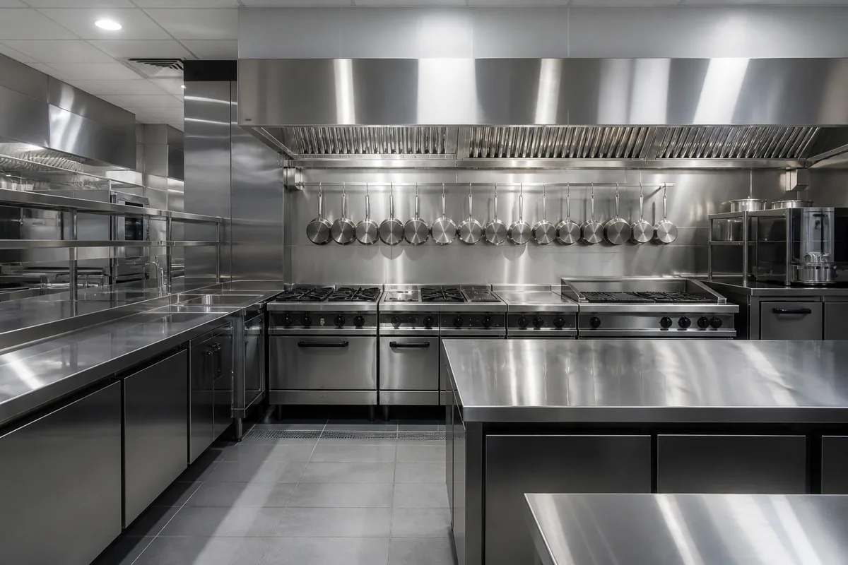 Cuisine professionnelle avec pianos inox, hotte d&rsquo;extraction et casseroles suspendues