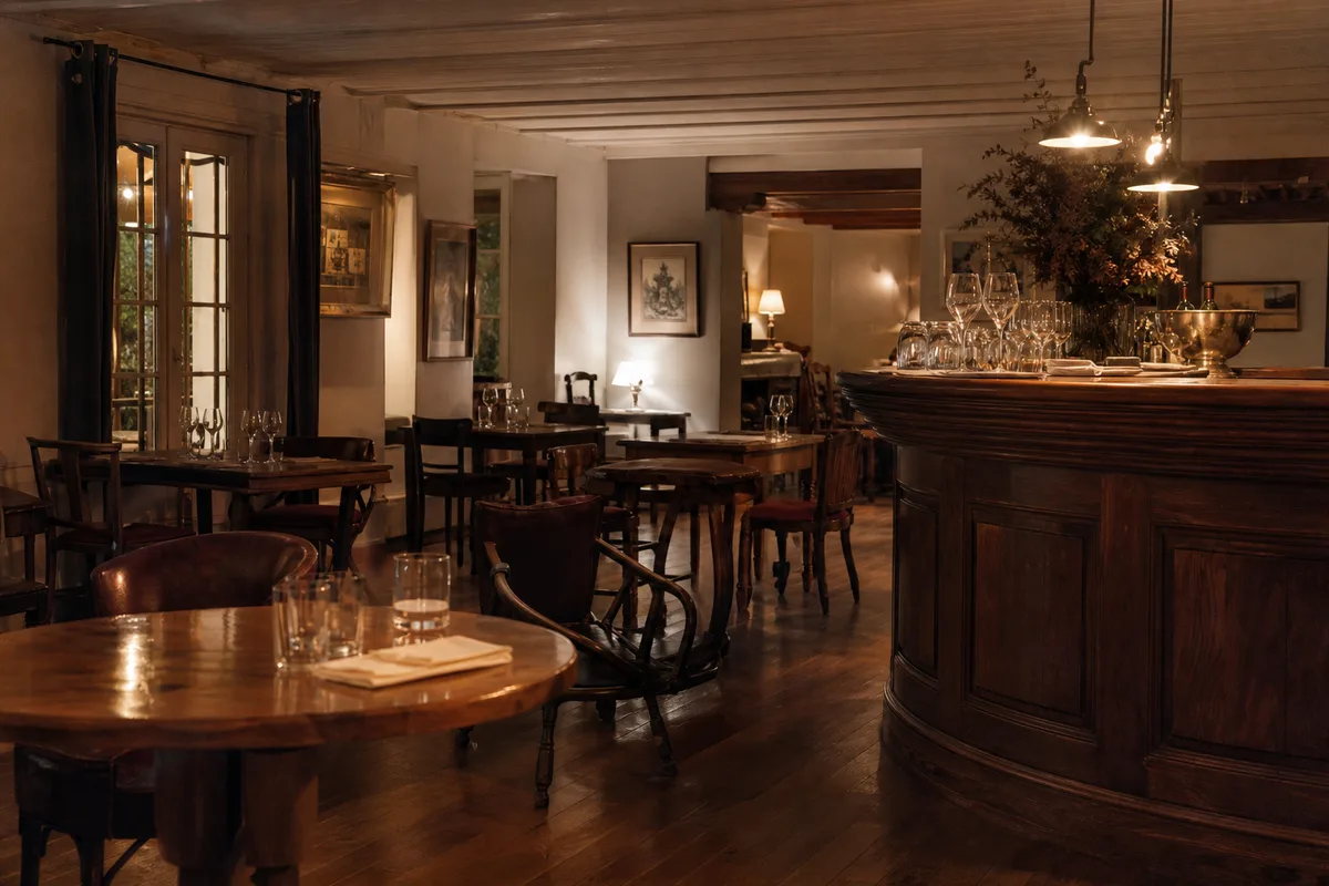 Fin de service dans une salle de restaurant, tables desservies et lumière basse