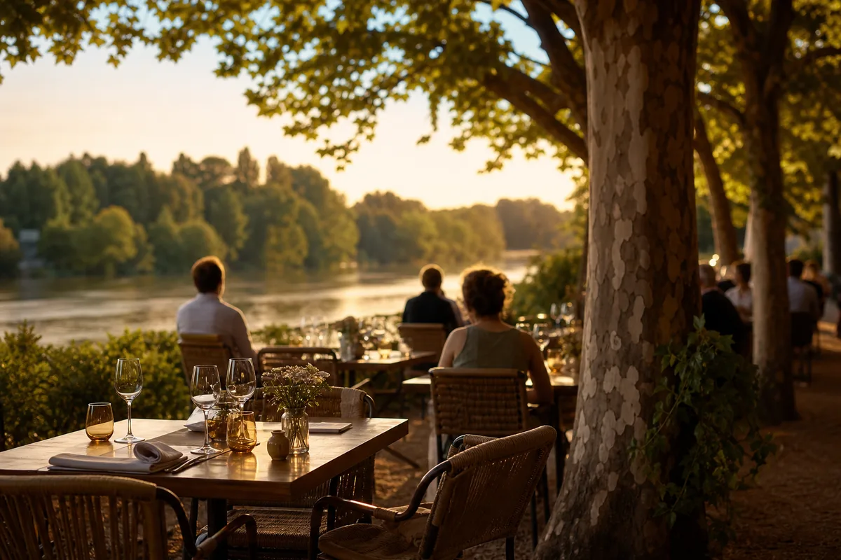 Terrasse de restaurant au bord de la Seine dans les Yvelines en fin d&rsquo;après-midi