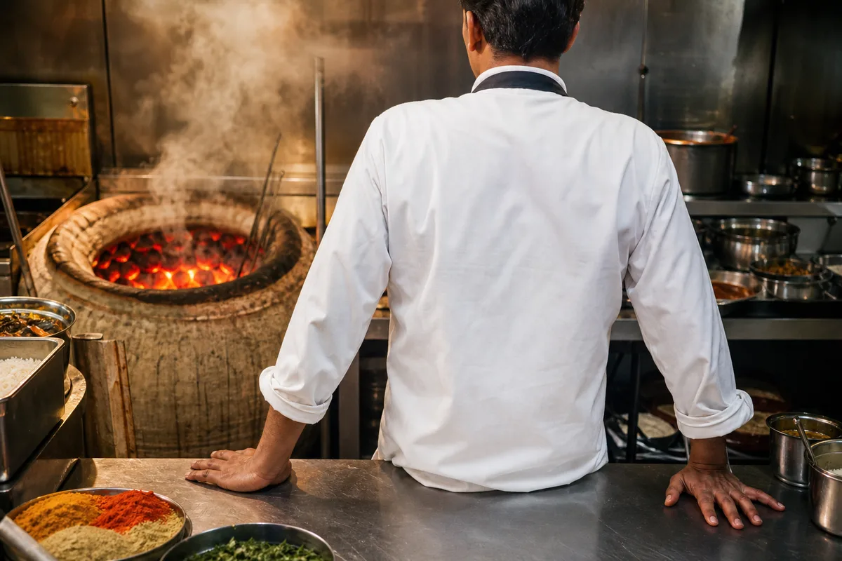 Cuisine de restaurant indien pendant le coup de feu avec four tandoor allumé