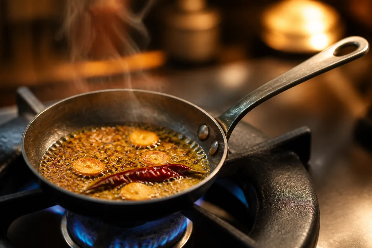 Graines de cumin et de moutarde grésillant dans le ghee chaud d’une petite poêle