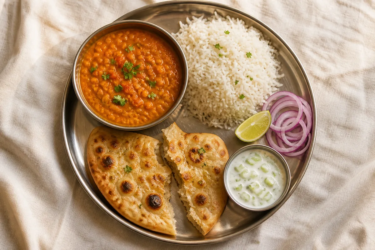 Table indienne dressée avec bol de dhal, riz basmati, pain plat et raïta au concombre