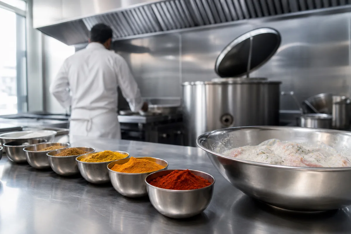 Cuisine professionnelle indienne en inox avec four cylindrique et bols d’épices