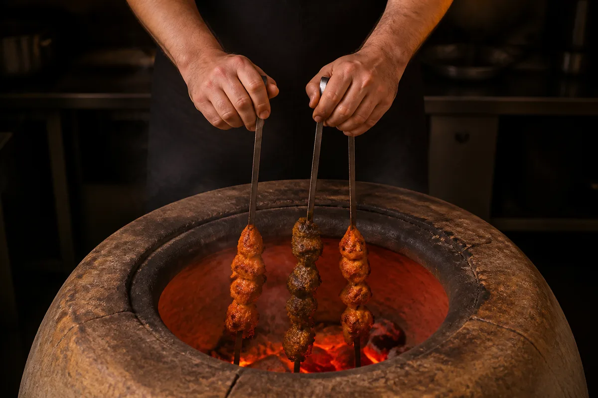 Brochettes verticales de viande marinée descendues dans la cheminée d’un four en argile