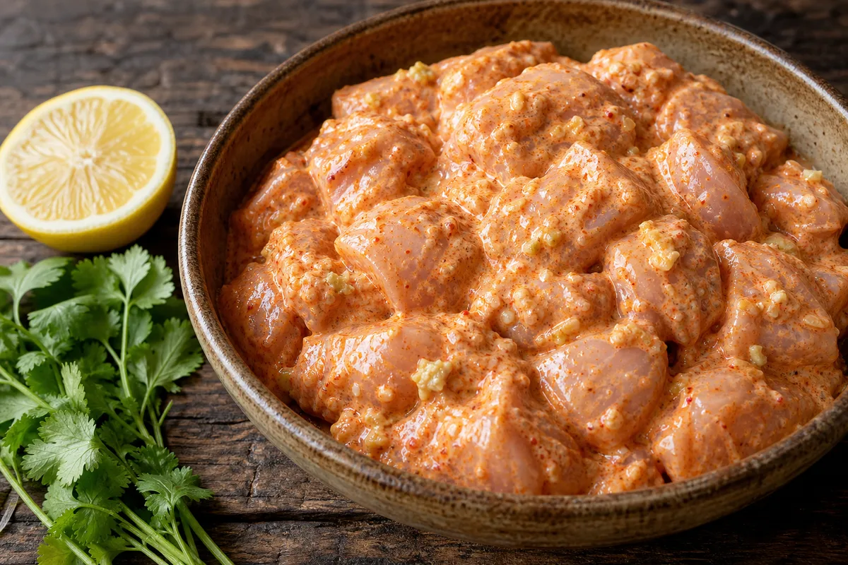 Cubes de poulet crus marinant dans un bol de yaourt épicé, ail et gingembre frais