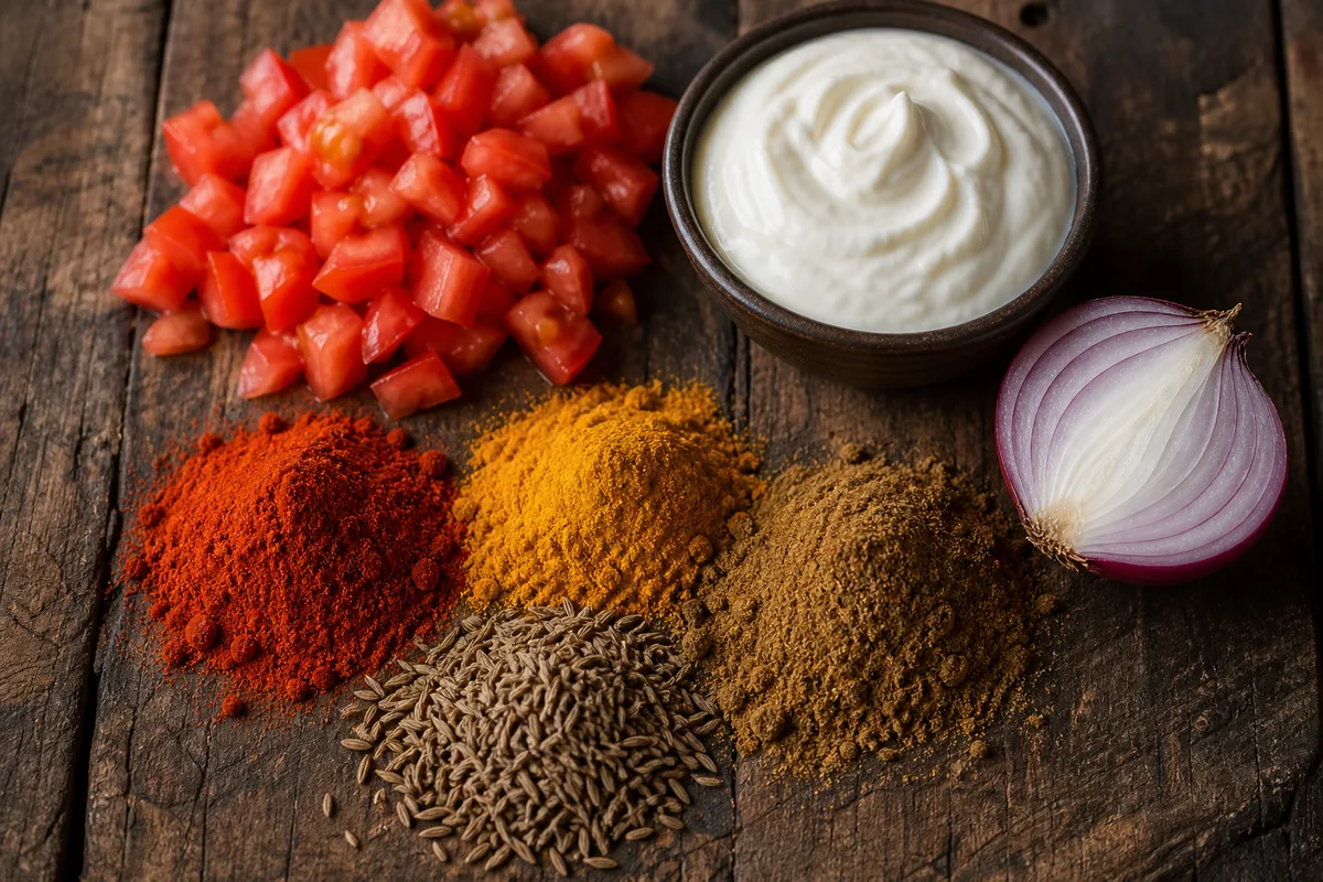 Épices indiennes en tas colorés : garam masala, cumin et paprika avant préparation