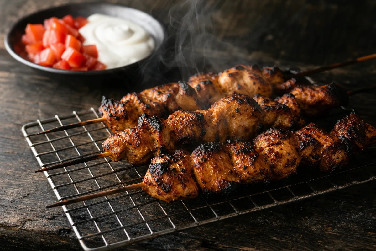 Brochettes de poulet tikka grillées, avant d’être nappées de sauce masala