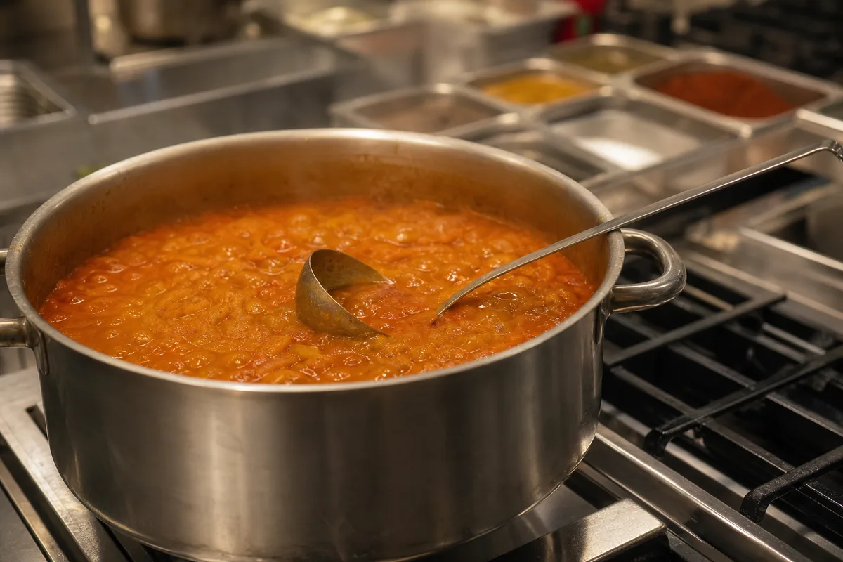 Faitout de sauce de base indienne qui mijote dans une cuisine professionnelle