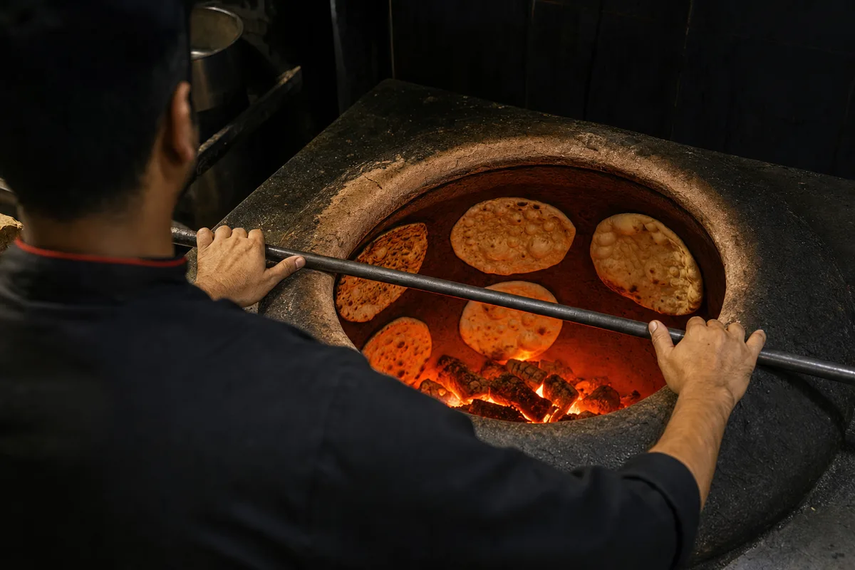Cuisinier devant un four tandoor allumé dans une cuisine de restaurant indien