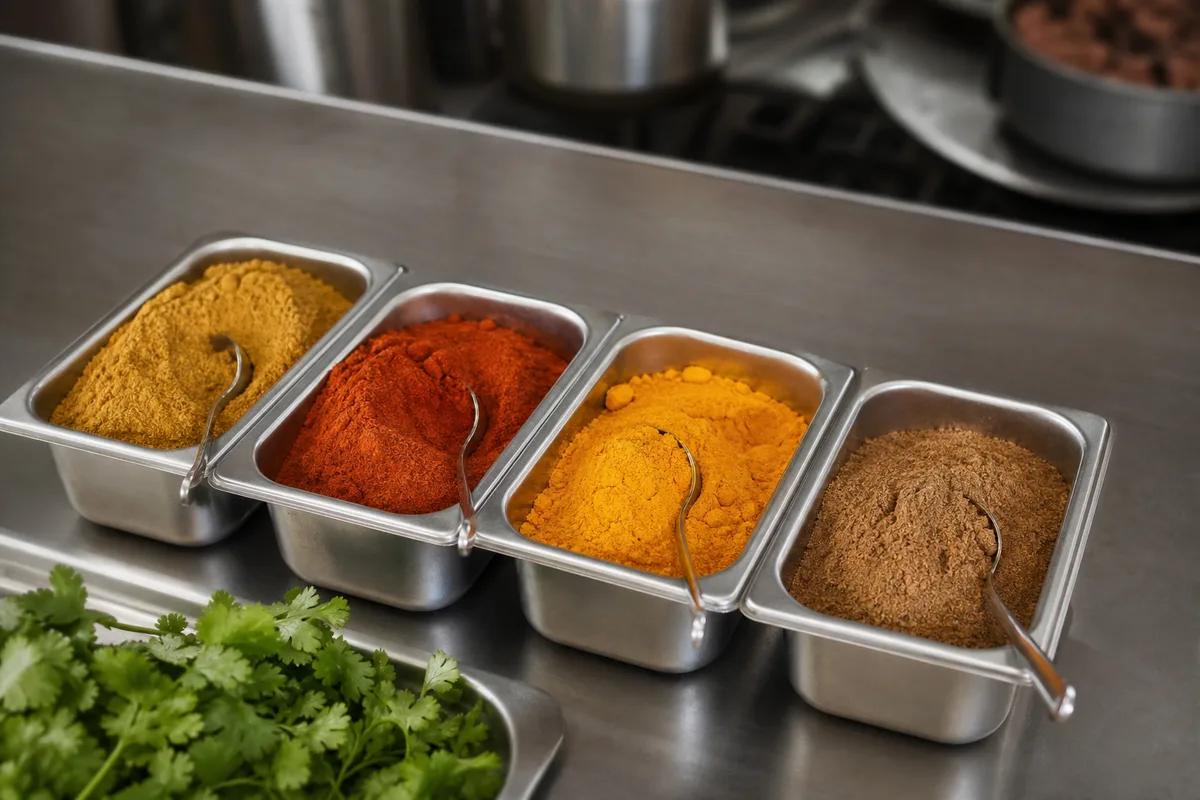 Bacs d’épices dosés et alignés sur un plan de travail de cuisine indienne