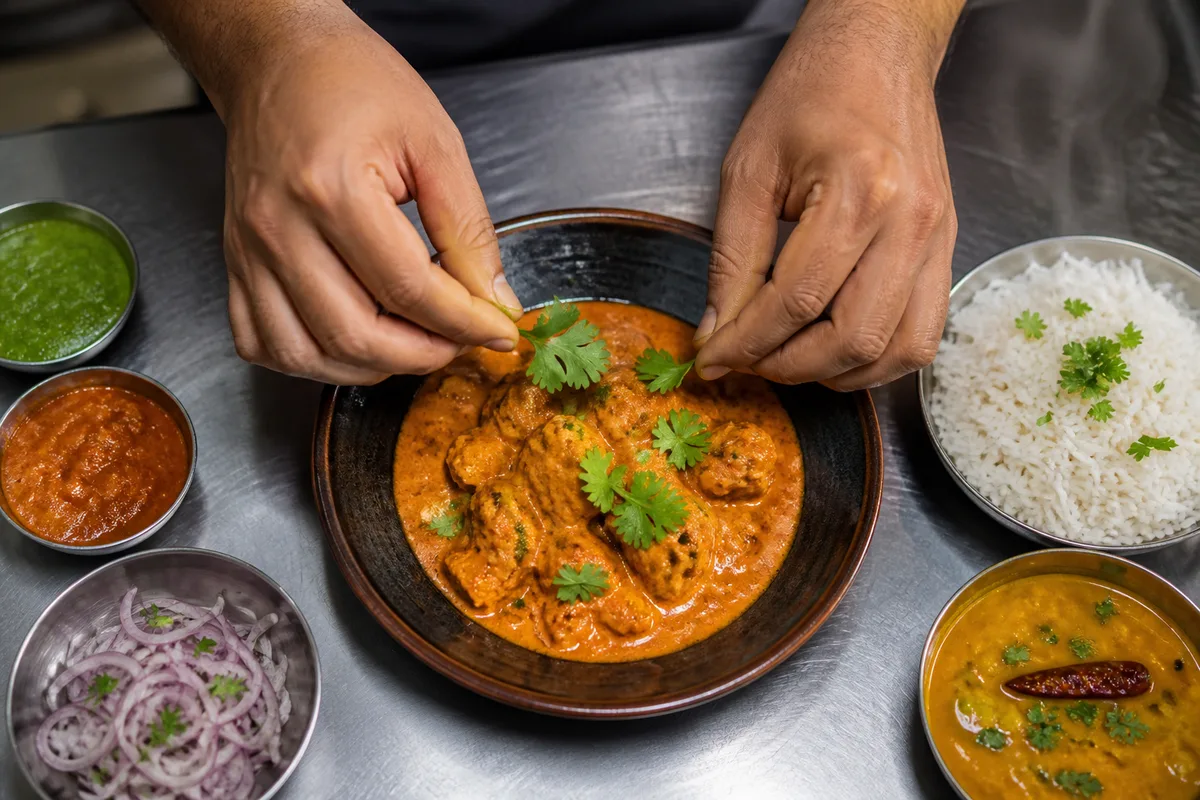 Salle de restaurant indien dressée avant le service du soir